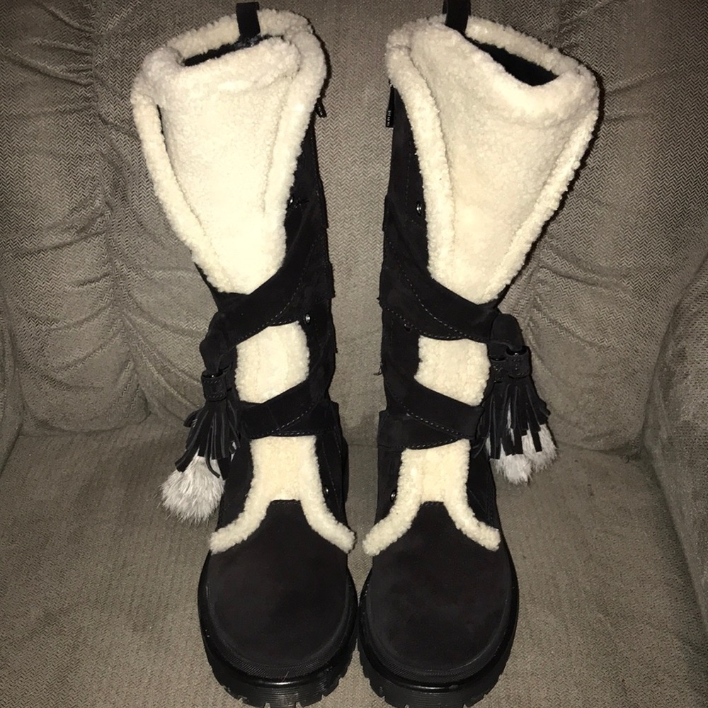 Moncler Black Suede Moccasin Boots with Cream Shearling